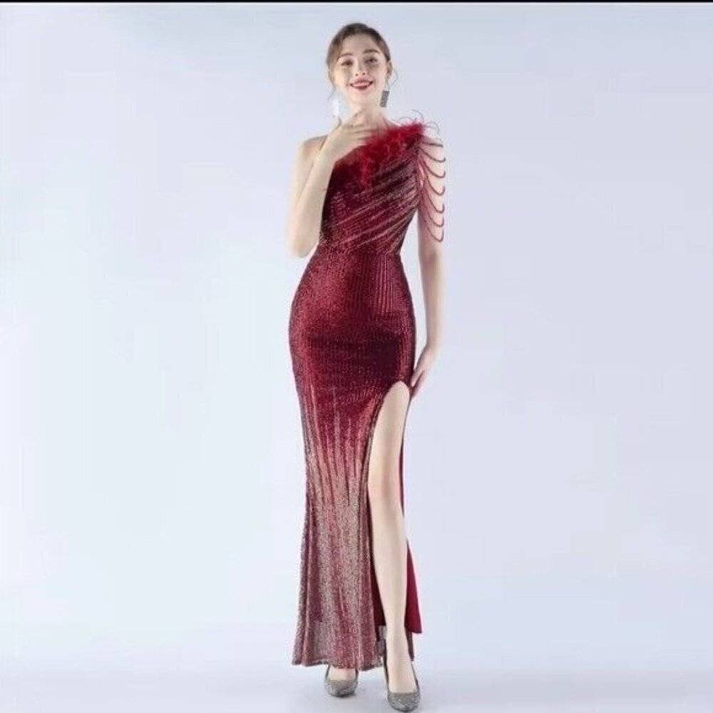 Crimson, One Shoulder Beaded,  Feather Neckline,  Sleeveless,  Sequined Gown